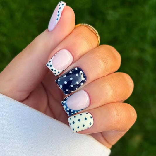 Whimsical Polka Dot Short Square Press On Nail Set in Soft Lavender and Deep Navy with Unique Assorted Patterns