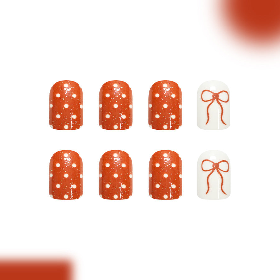 Charming Autumn Delight Full Coverage Short Square Orange with Polka Dots and Bow Design Press-On Nail Set