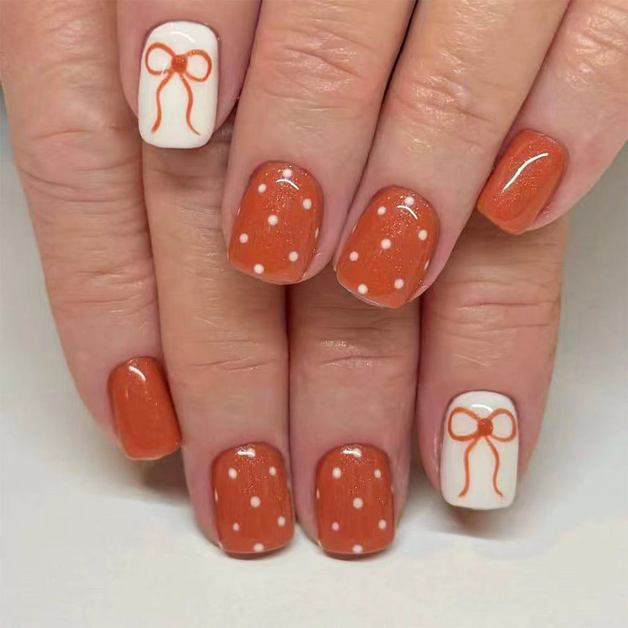 Autumn Whimsy Short Square Orange with Polka Dots and Bow Details Press on Nail Set