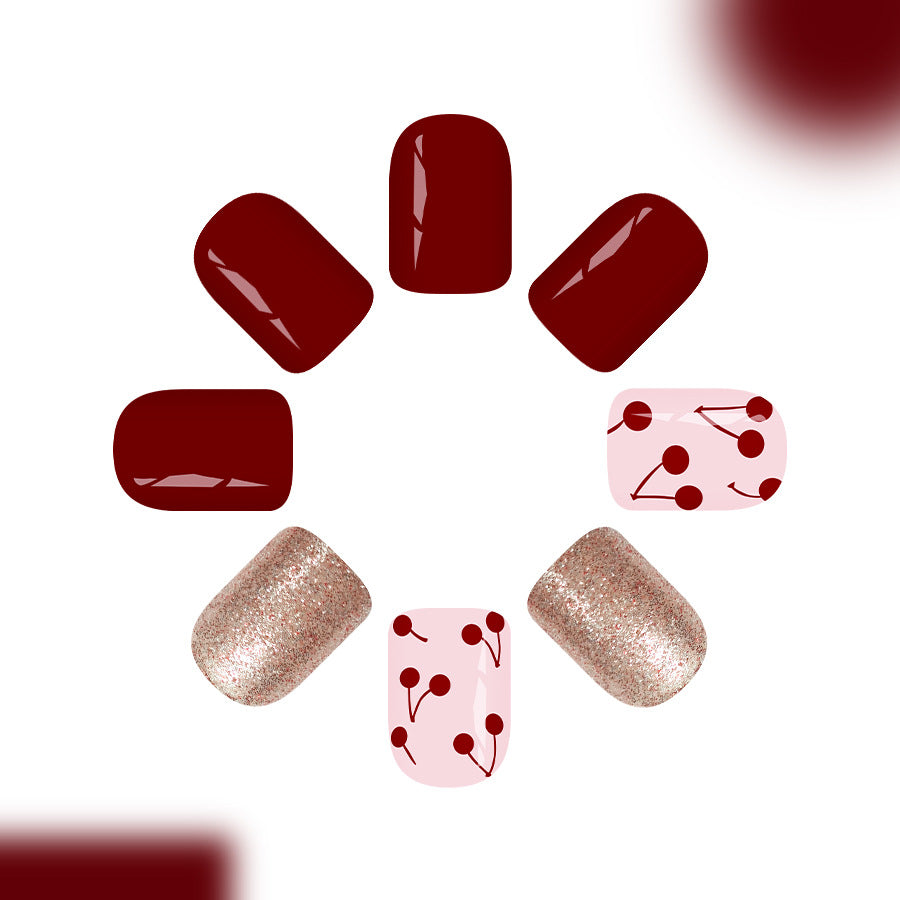 Cherry Blossom Elegance Glossy Short Square Deep Red and Soft Pink with Whimsical Cherry Print Press On Nail Set