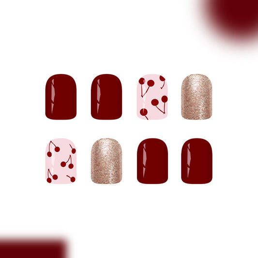 Chic Cherry Inspired Short Square Burgundy and Glitter Press on Nail Set with Playful Cherry Accents