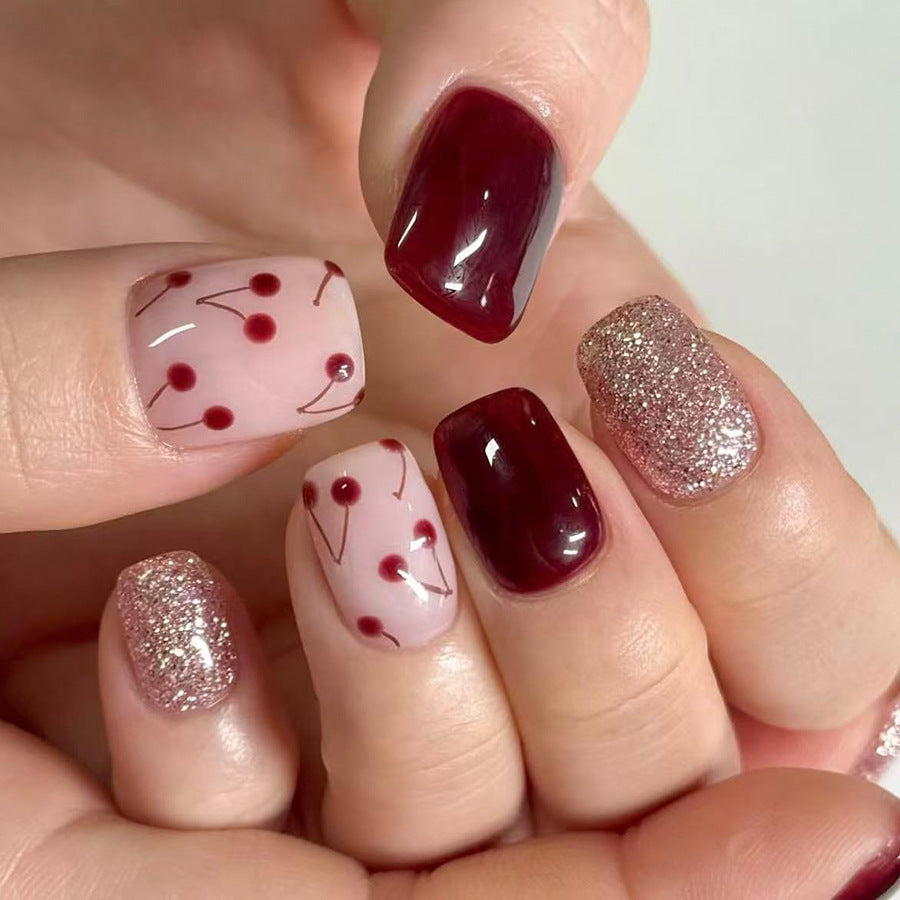 Cherry Blossom Charm Short Square Burgundy Pink and Glittery Accent Press-On Nail Set
