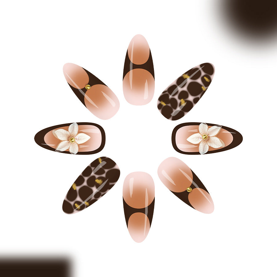 Savanna Chic Long Almond Glossy Brown Faux Giraffe Print Nail Set with Floral Accents