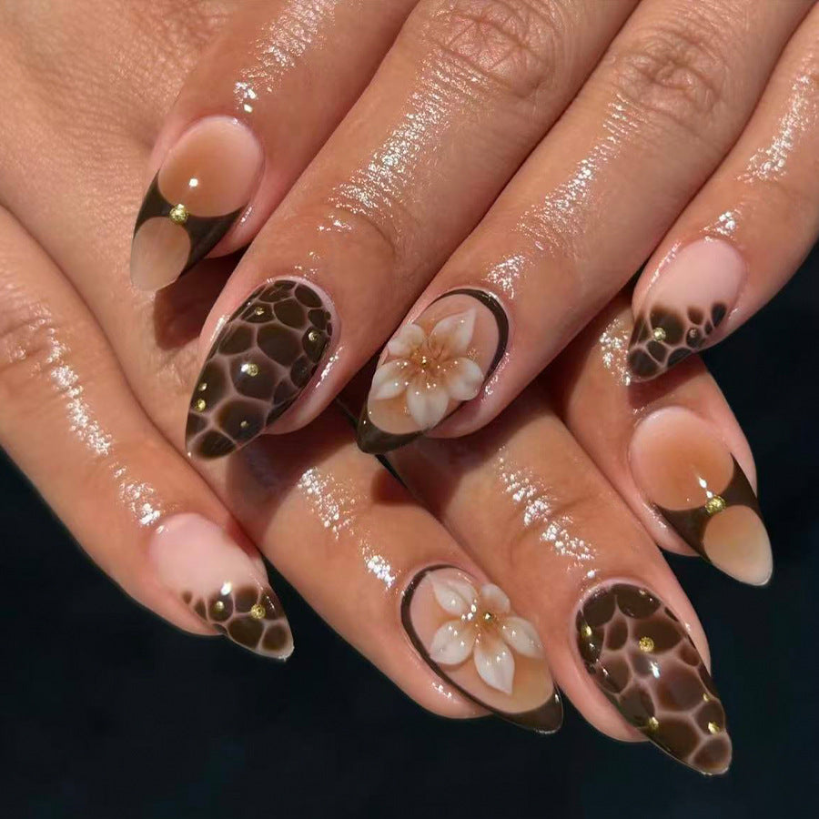 Chic Elegance Long Almond Brown with Floral Accents and Glossy Finish Press On Nail Set