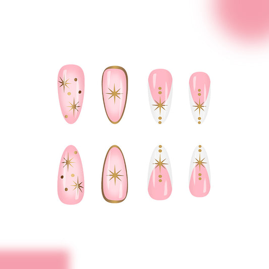 Celestial Charm Long Almond Pink and White Press-On Nail Set with Gold Star Accents