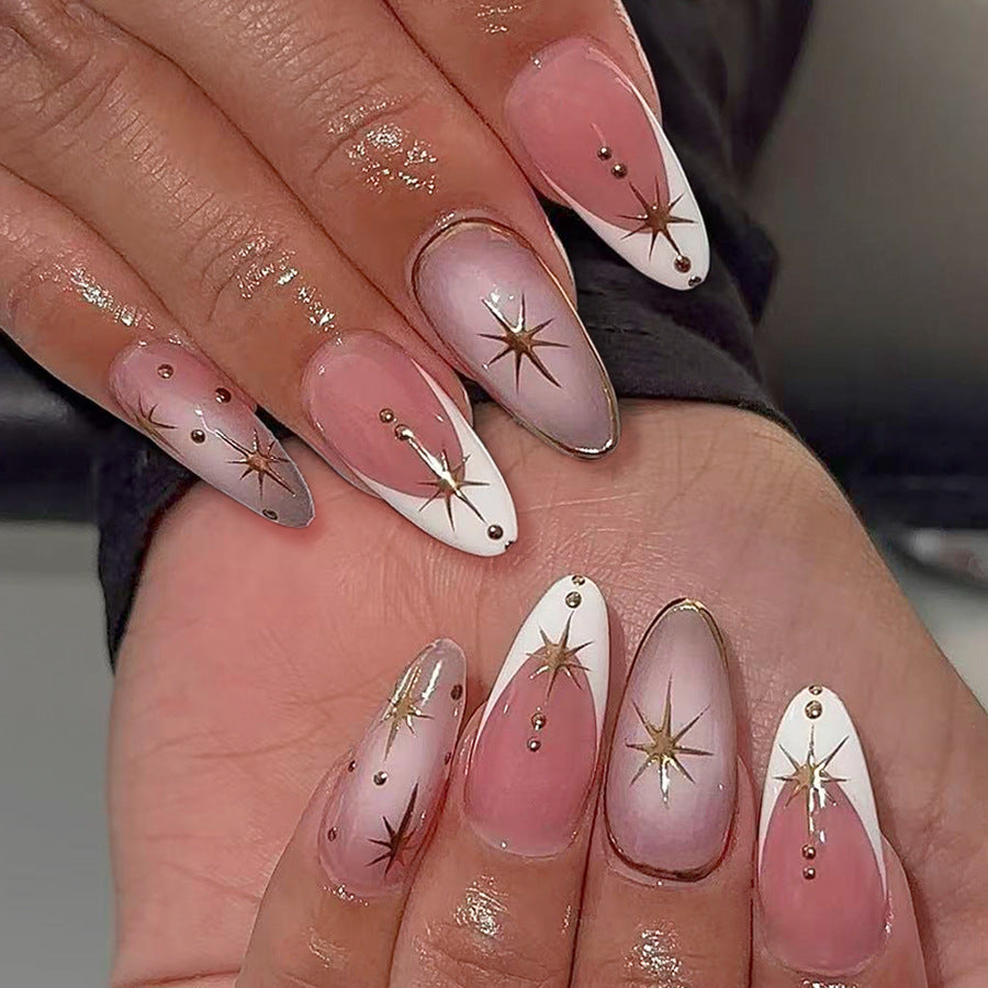 Starlit Elegance Long Almond Pink and White Gradient with Golden Star Accents Press On Nail Set