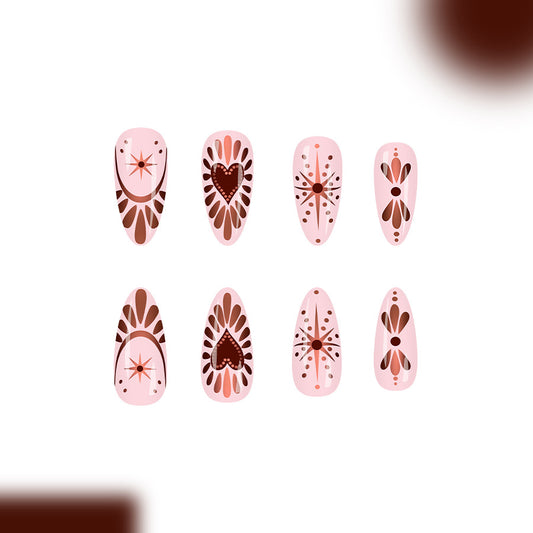 Boho Bliss Long Almond Shaped Pink with Brown Artistic Designs Press on Nail Set