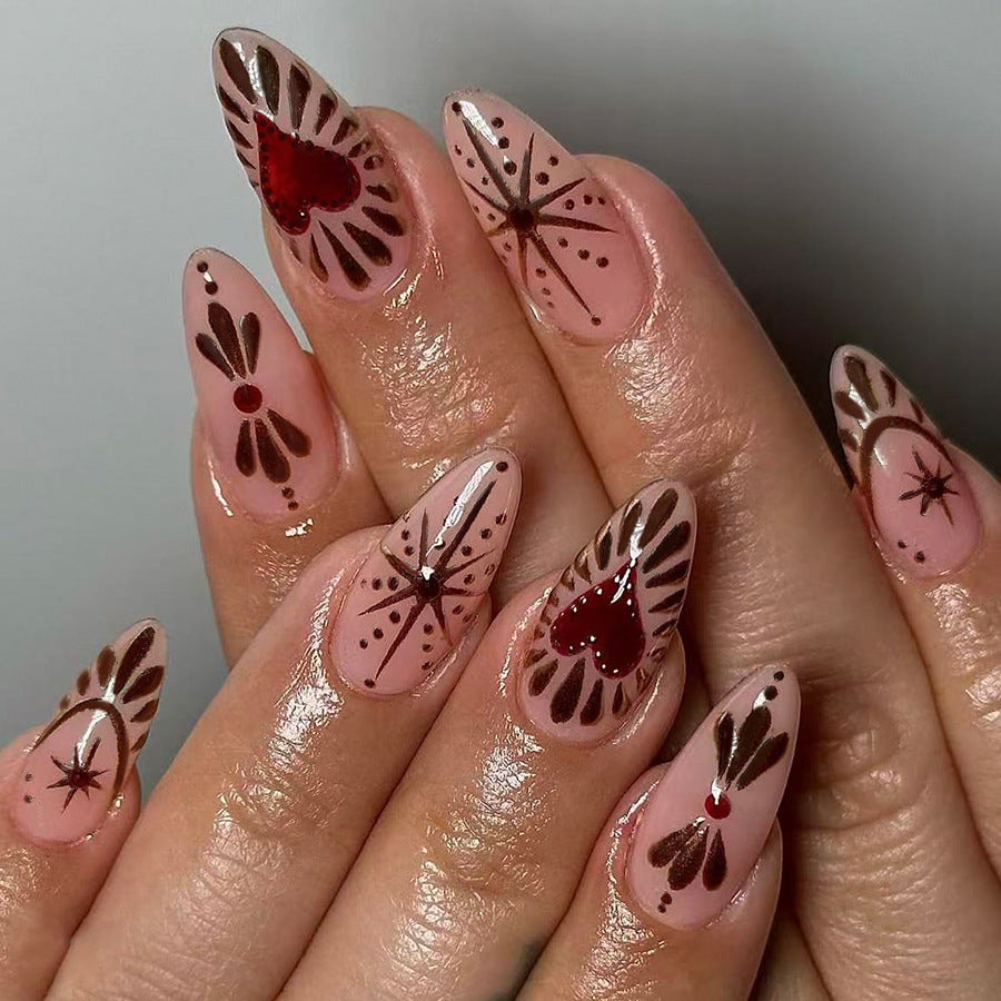 Romantic Elegance Long Almond Shaped Beige with Artistic Heart and Star Designs Press On Nail Set