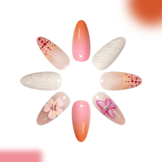 Blossoming Elegance Long Almond Pink Ombre Press On Nail Set with Floral Designs