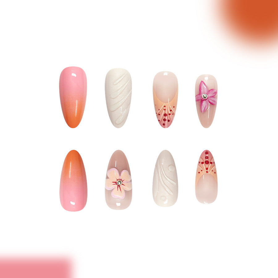 Blossom Dreams Colorful Long Almond Shape Gradient Pink and Elegant Floral Accents Press On Nail Set