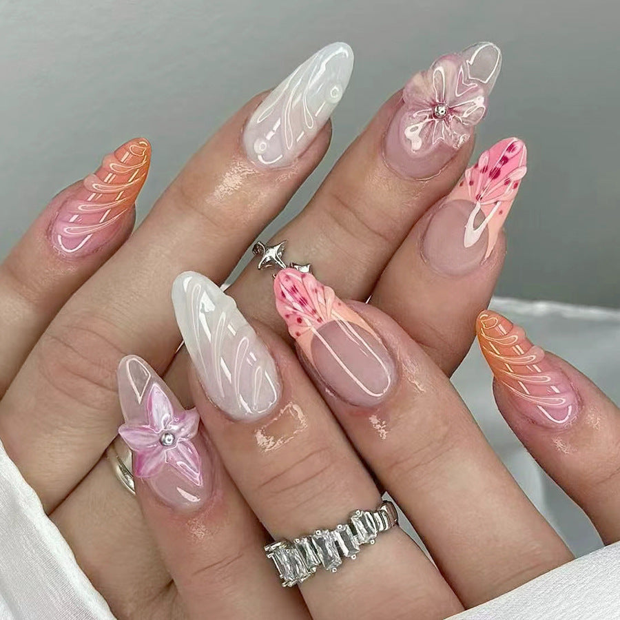 Floral Fantasy Long Almond Pink and Orange Ombre with Three Dimensional Flower Accents Press On Nail Set