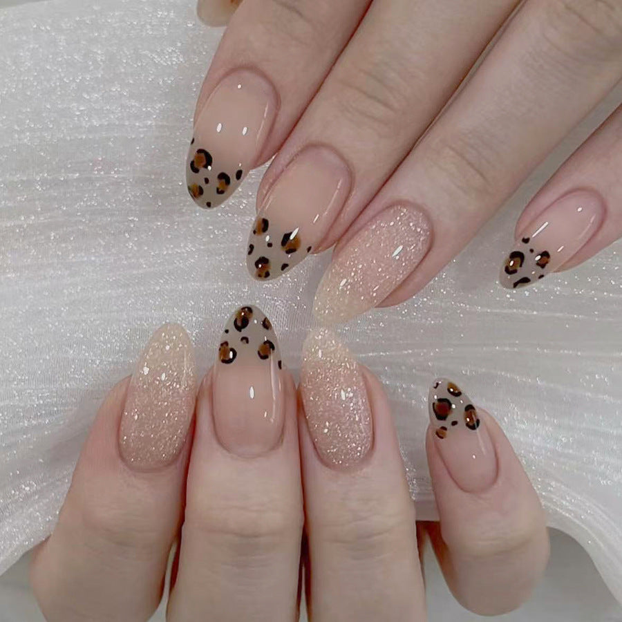Savannah Chic Long Almond Beige Gradient Press-On Nail Set with Stunning Leopard Print Accent