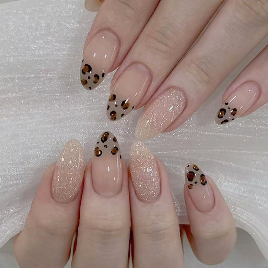 Savannah Chic Long Almond Beige Gradient Press-On Nail Set with Stunning Leopard Print Accent