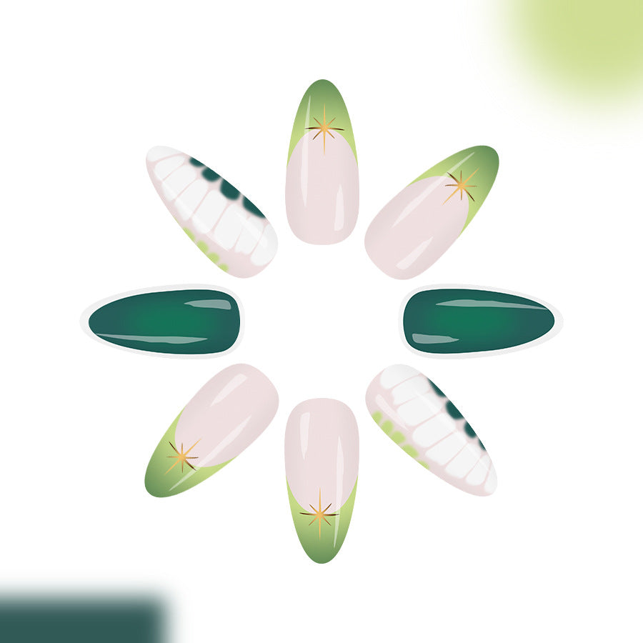 Botanical Bliss Long Almond Green and Pink Gradient Nail Set with Unique Starburst Accent