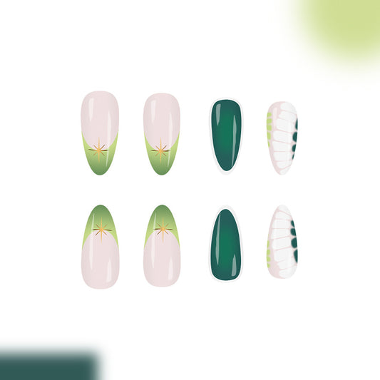 Whimsical Forest Dream Long Almond Green and Pink Ombre with Shimmering Accents Press On Nail Set