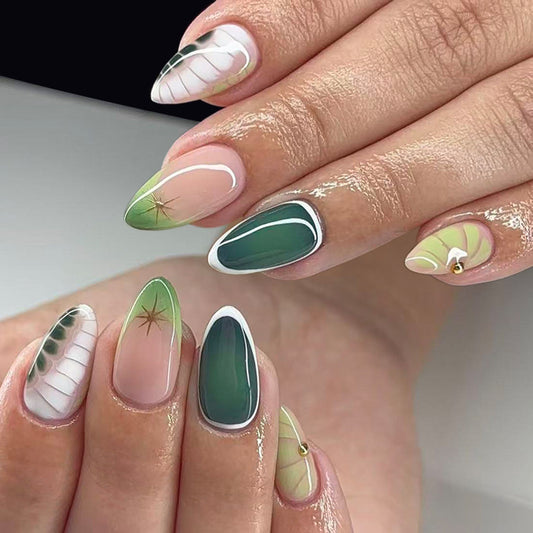 Botanical Dream Long Almond Green Ombre with Elegant Gold Accents Press On Nail Set