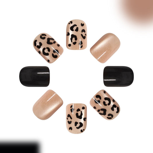 Bold Safari Chic Short Square Leopard Print and Shimmering Neutral Press-On Nail Set