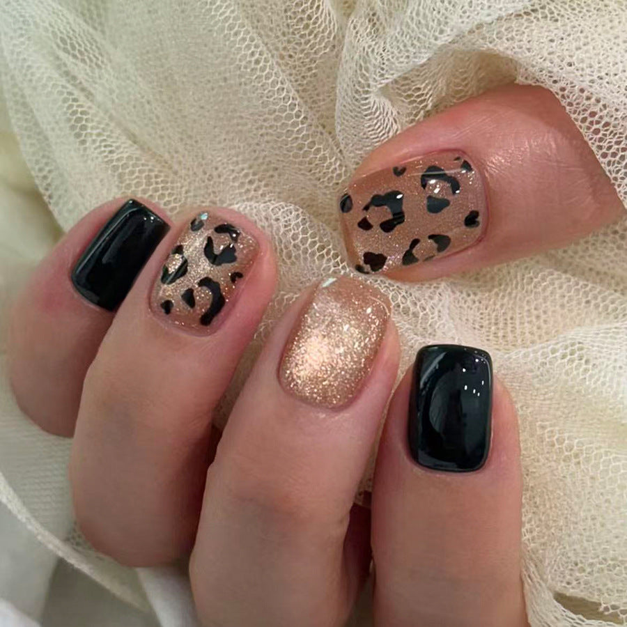 Sassy Safari Square Shape Short Length Glittering Gold and Bold Black Leopard Print Press On Nail Set