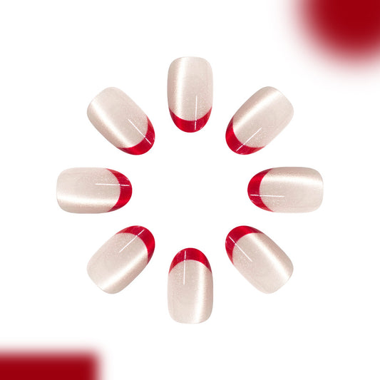 Glamorous Champagne Elegance Short Oval Shaped Glossy Off White with Bold Red Tips Nail Set