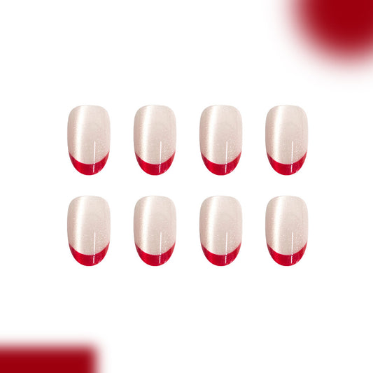 Chic Elegance Press On Nail Set Short Oval Sheer Beige with Bold Red Tips Featuring Glossy Finish