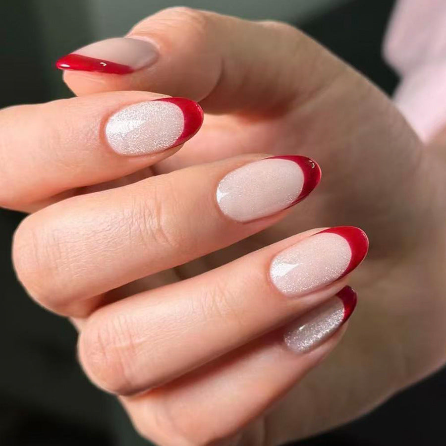 Festive Elegance Short Oval Red and Shimmery Beige Dual-Color Press-On Nail Set