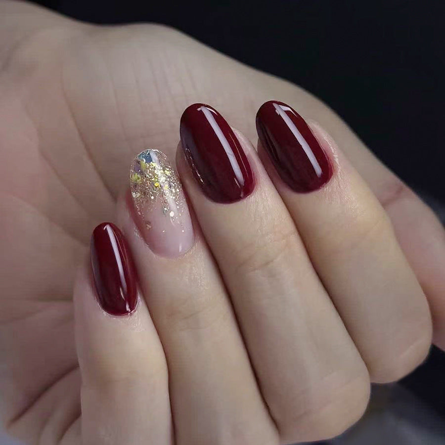 Glamorous Evening Elegance Short Oval Deep Burgundy with Glitter Accent Nail Set