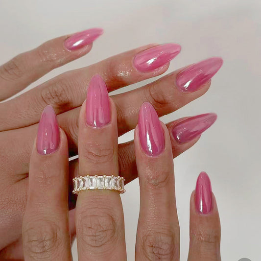 Glamorous Fairy Tale Long Almond Pink Press On Nail Set with Iridescent Shine