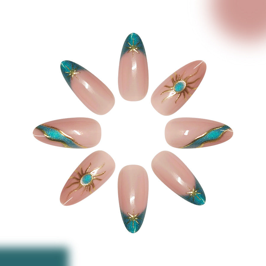 Celestial Radiance Long Almond Pink with Turquoise Glitter and Gold Accents Press on Nail Set