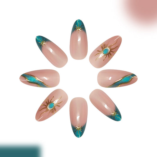 Celestial Radiance Long Almond Pink with Turquoise Glitter and Gold Accents Press on Nail Set