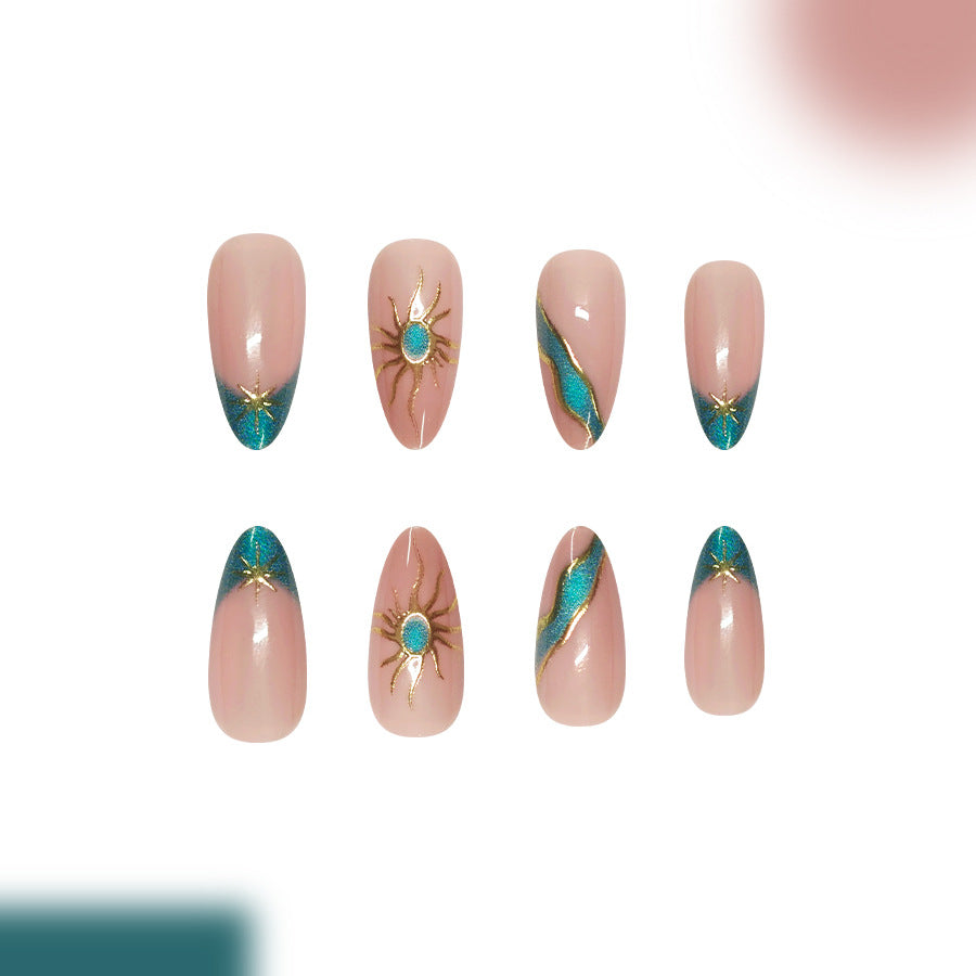 Celestial Dawn Glamourous Long Almond Shaped Blush Pink Press On Nail Set with Sparkling Turquoise Accents and Golden Sun Designs