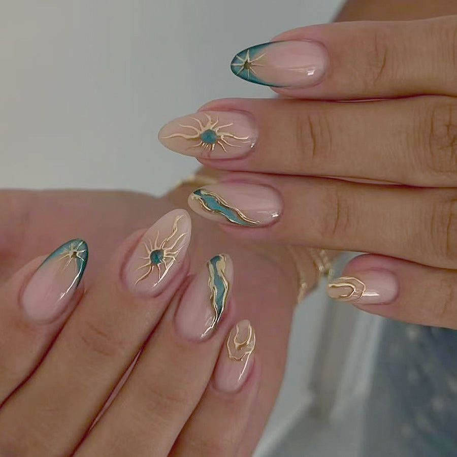 Celestial Bliss Long Almond Shaped Clear Base with Teal Tips and Radiant Gold Detailing Press On Nail Set