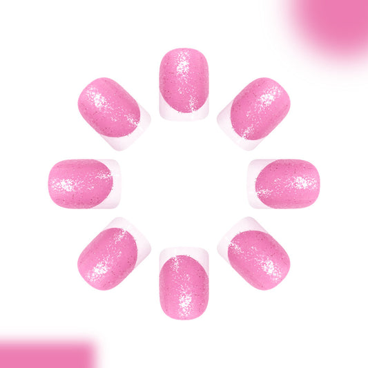 Enchanting Pink Sparkle Short Square Press On Nails with Shimmering Half Moon Design