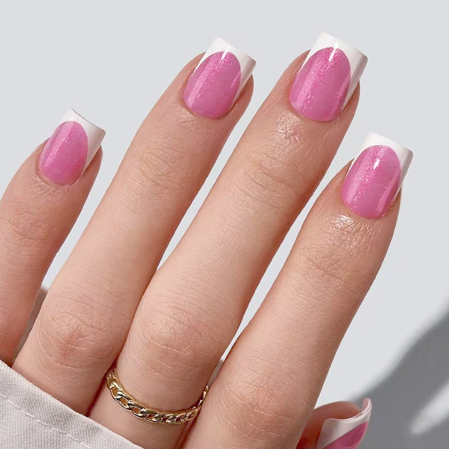 Dreamy Blossom Short Square Pink with Shimmering French Tips Press On Nail Set