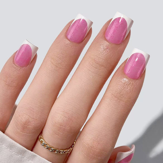 Dreamy Blossom Short Square Pink with Shimmering French Tips Press On Nail Set
