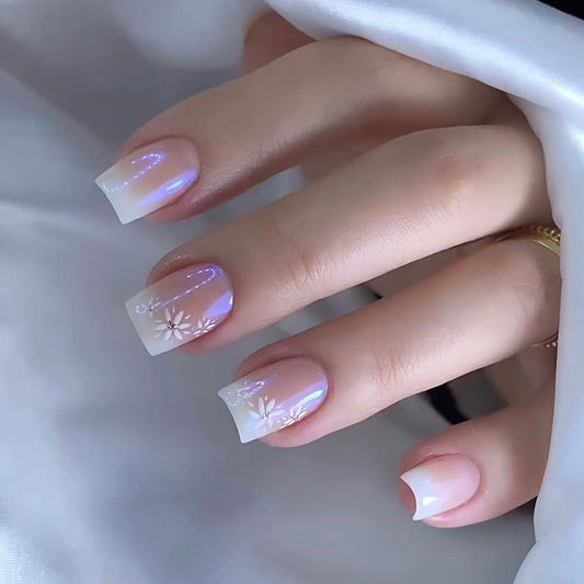 Ethereal Blossom Short Square Pastel Gradient with Floral Accents Press On Nail Set