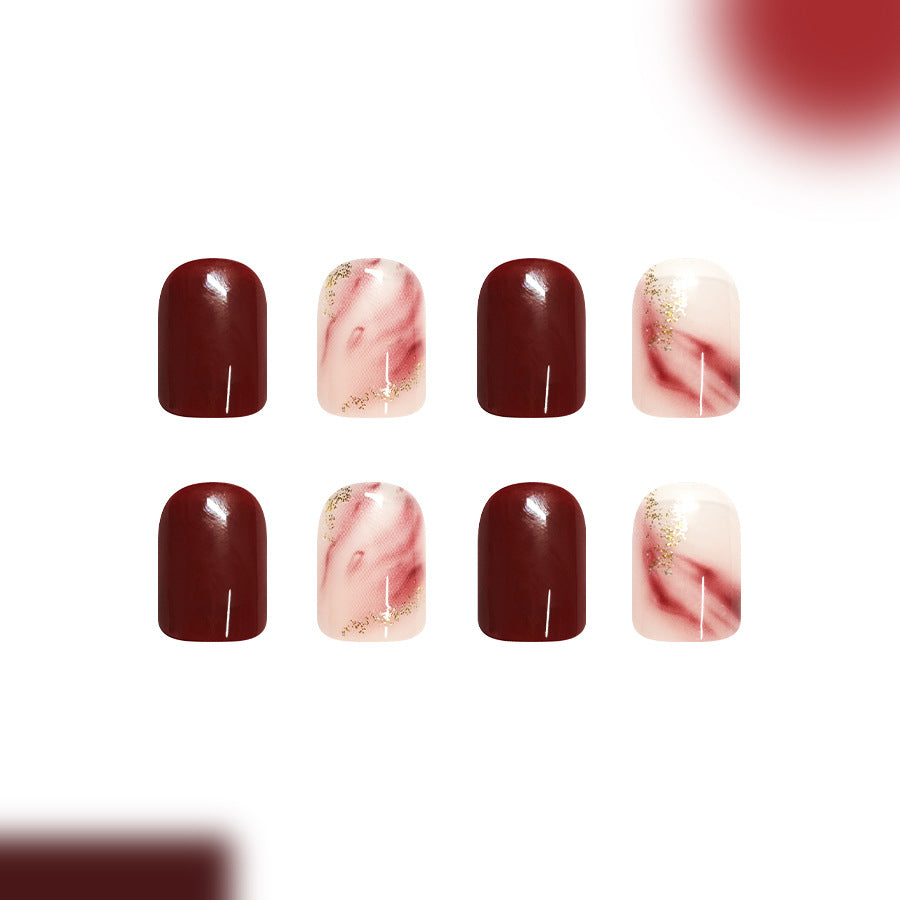 Autumn Elegance Glossy Short Square Burgundy and Beige Marble Nail Set with Gold Accents