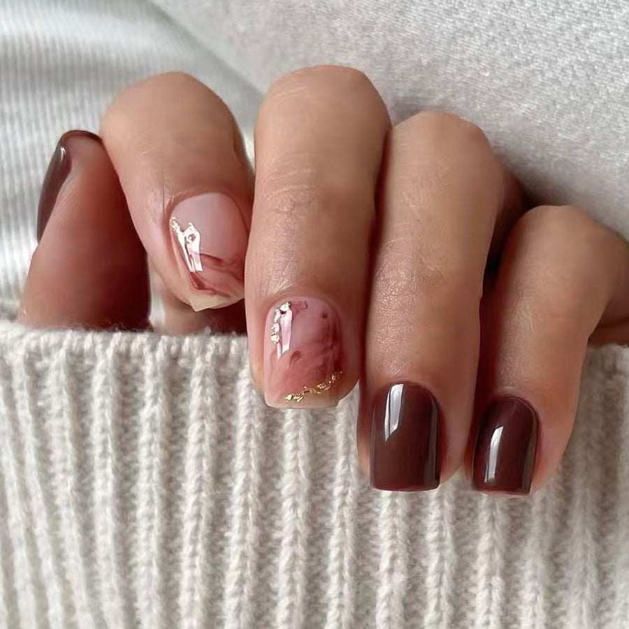 Autumn Elegance Short Square Brown with Marble Accent and Gold Foil Press on Nail Set