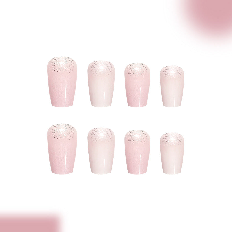 Whimsical Blossom Medium Coffin Pink Ombre Press On Nail Set with Sparkling Glitter Tips