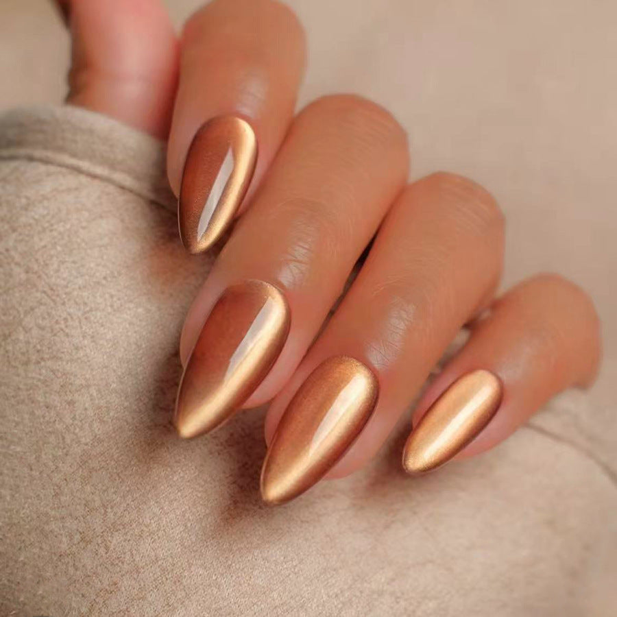 Gilded Enchantment Long Almond Shaped Metallic Copper Press on Nail Set with Reflective Finish