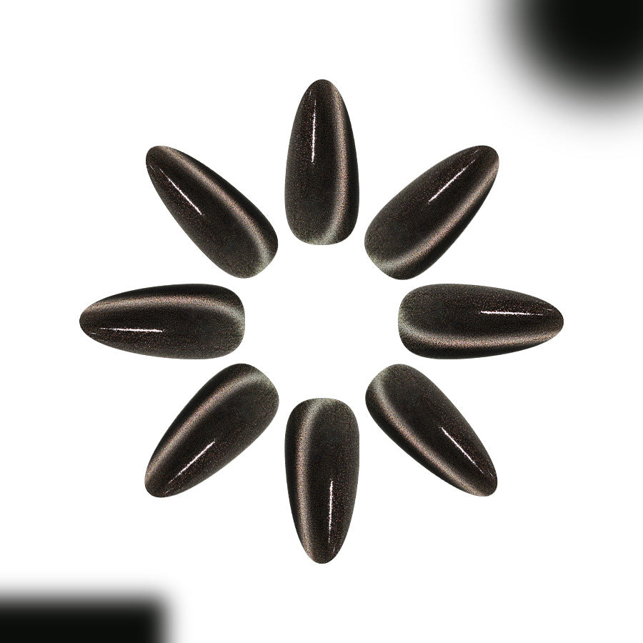 Mystical Elegance Long Almond Shape Glossy Black Press On Nail Set with Shimmer Finish