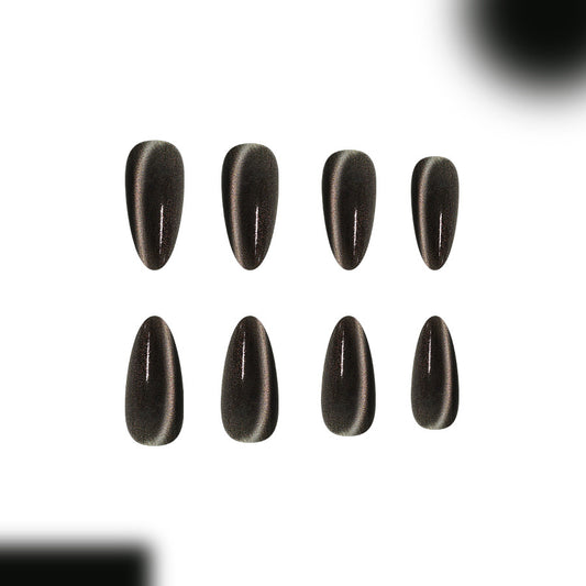 Gothic Glamour Long Almond Press On Nail Set in Shimmering Black with Iridescent Sparkle