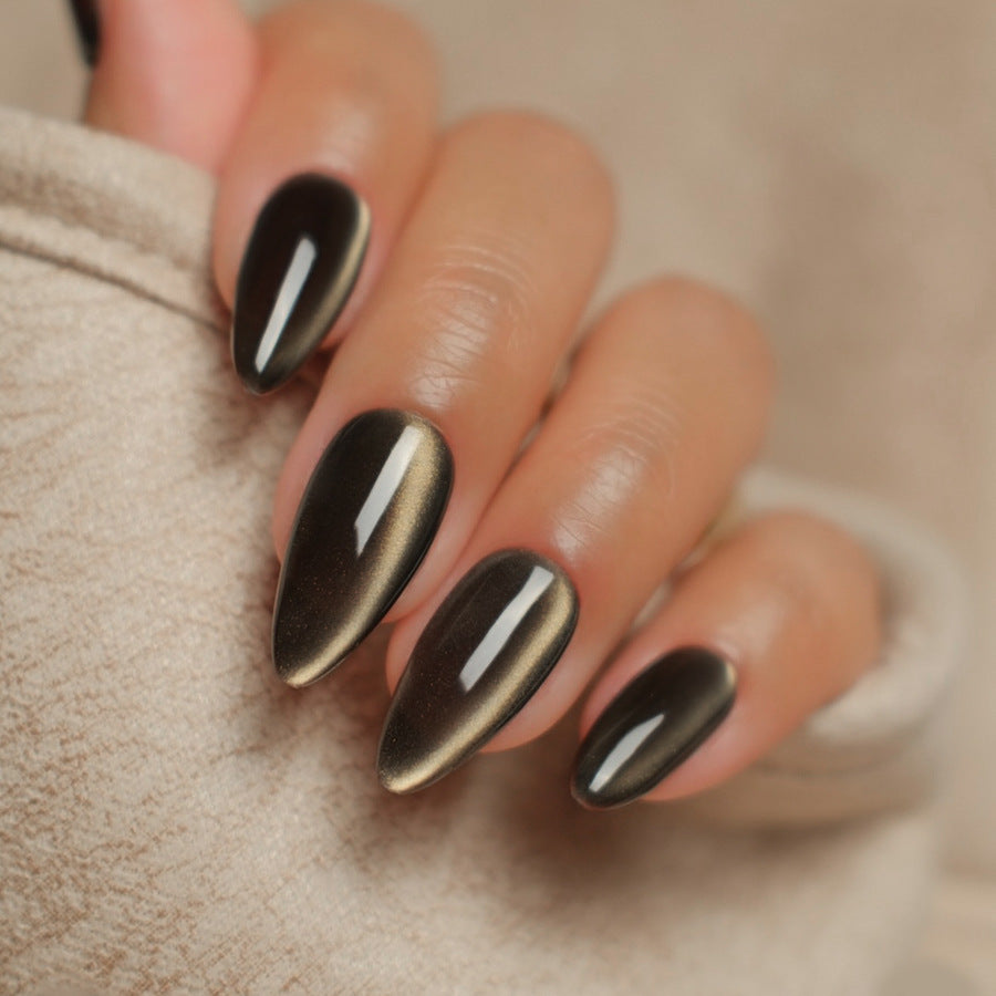 Mystical Elegance Long Almond Almond Glossy Black and Brown Gradient with a Shimmering Finish Press On Nails Set