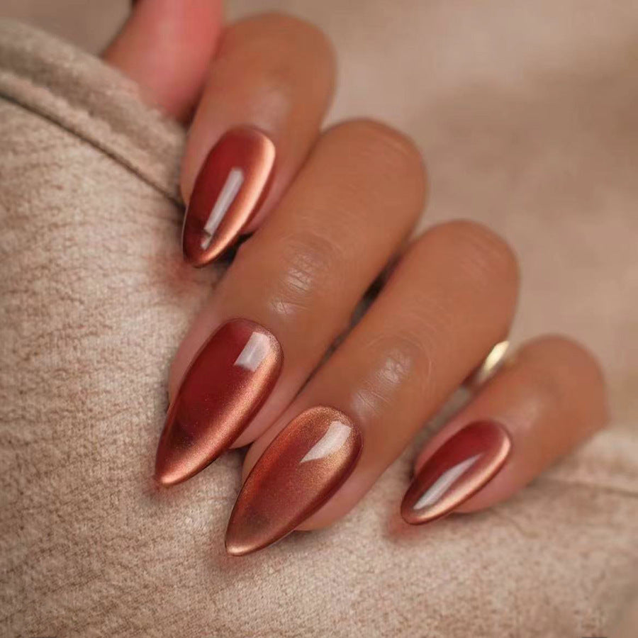 Autumn Elegance Glossy Long Almond Shape Spicy Copper with Stunning Metallic Finish Nail Set