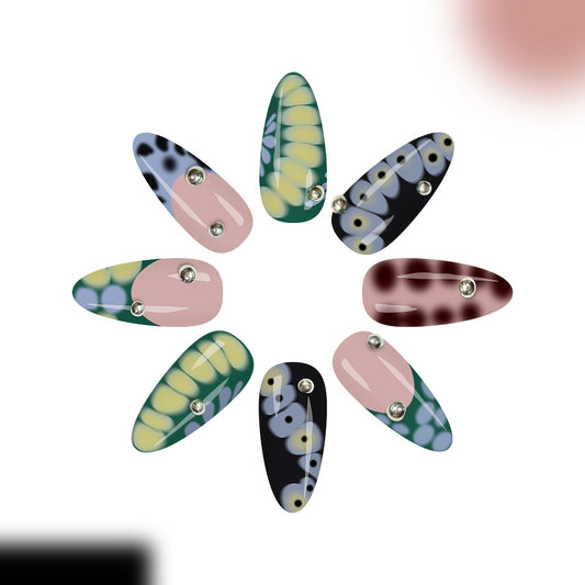 Dreamy Garden Press On Nail Set Long Almond Multi-Colored Floral Design with Glamorous Gems
