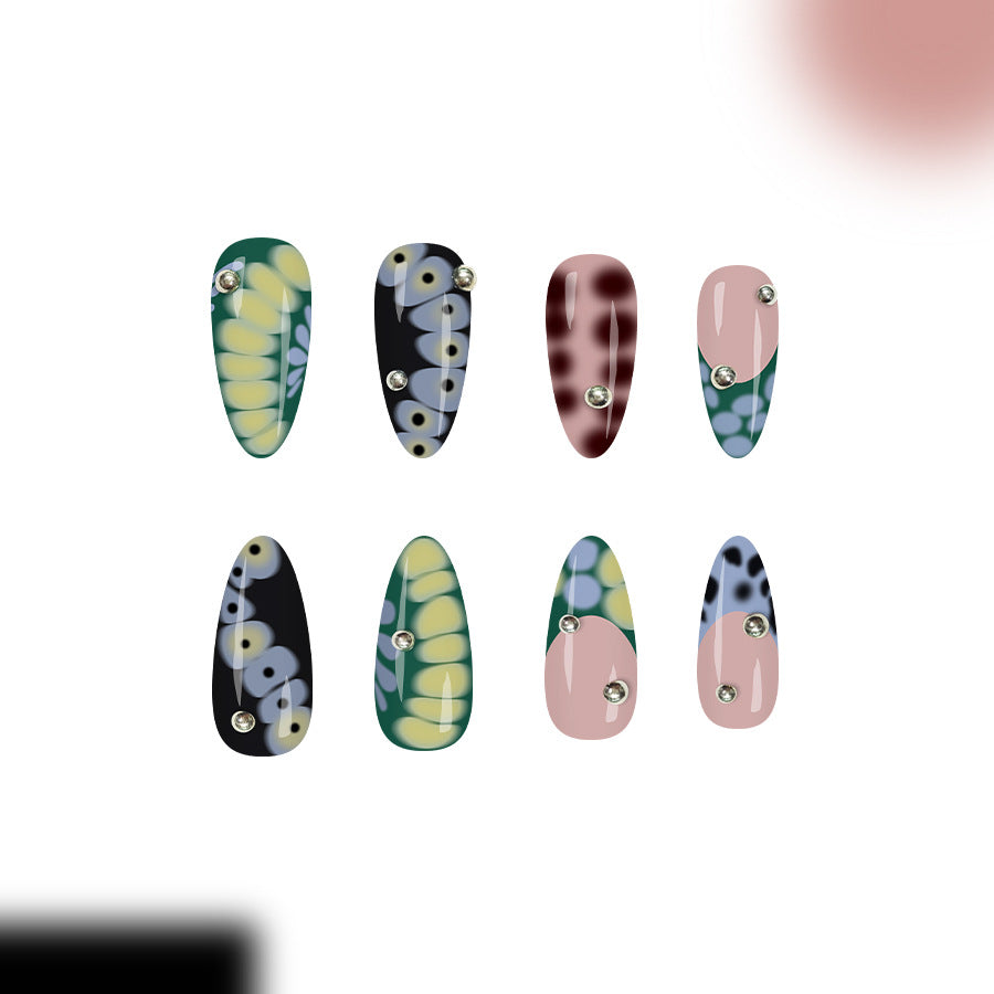 Nature's Escape Colorful Long Almond Shaped Press On Nail Set with Sparkling Accents
