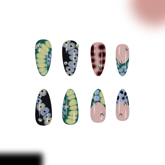 Nature's Escape Colorful Long Almond Shaped Press On Nail Set with Sparkling Accents