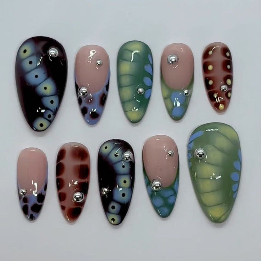 Whimsical Garden Inspired Long Almond Multicolored with Elegant Stud Accents Press on Nail Set
