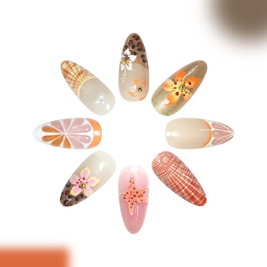 Tropical Paradise Long Almond Shaped Peach and Cream Press On Nail Set with Floral and Animal Print Accents
