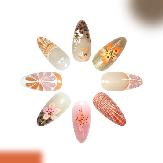 Tropical Paradise Long Almond Shaped Peach and Cream Press On Nail Set with Floral and Animal Print Accents