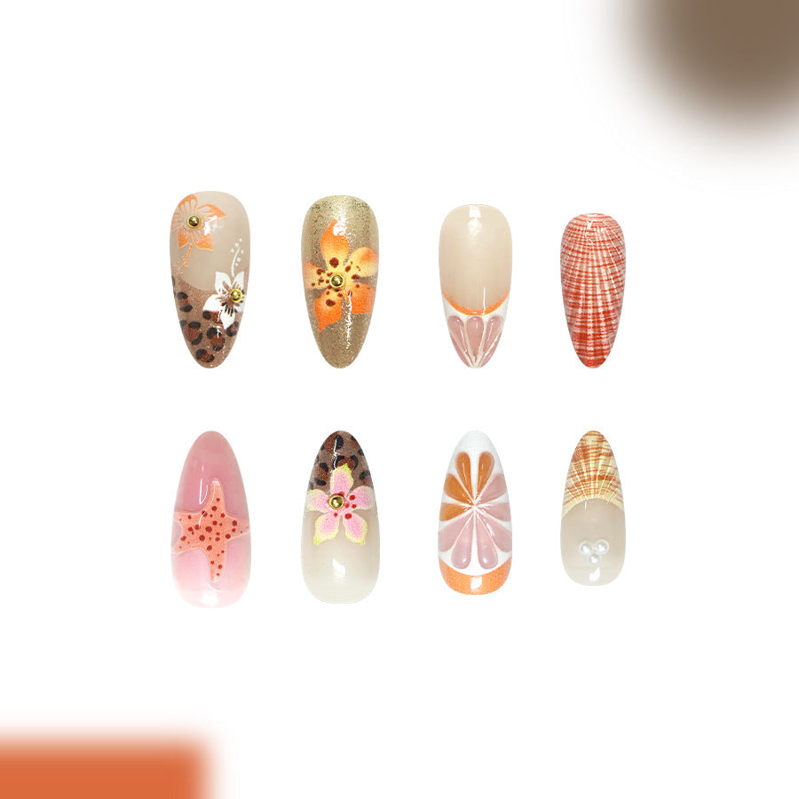 Tropical Paradise Elegant Long Almond Shaped Peach and Coral Nail Set with Artistic Floral Designs